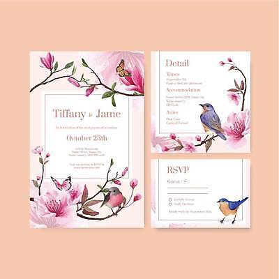 EPS 해외이미지 템플릿 분홍색 나비 결혼 잎 일러스트 조류 세마리 사람없음 벚꽃 나뭇가지 초대 해외일러스트 나무 식물 동물 꽃 컬러 곤충 3 이벤트 파일형식 벡터 이미지허브