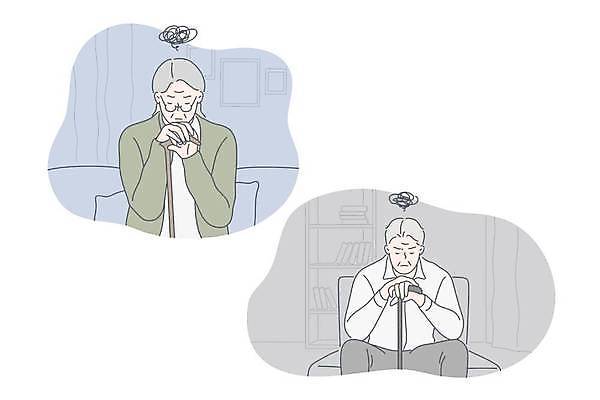 EPS 해외이미지 여자 할아버지 남자 감정 할머니 일러스트 지팡이 앉기 상반신 두명 회색 고민 노인만 해외일러스트 노년 컬러 모션 사람 성인만 파일형식 벡터 이미지허브