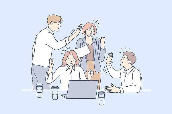 EPS 해외이미지 여자 남자 커피 하늘색 일러스트 비즈니스 성공 회의 들기 정장 여러명 상반신 성인 노트북 파이팅 주먹 비즈니스맨 비즈니스우먼 동료 문서 하이파이브 성인만 해외일러스트 옷 음료 다수 컨셉 관계 모션 사람 손짓 파란색 전자제품 직장인 파일형식 벡터 이미지허브