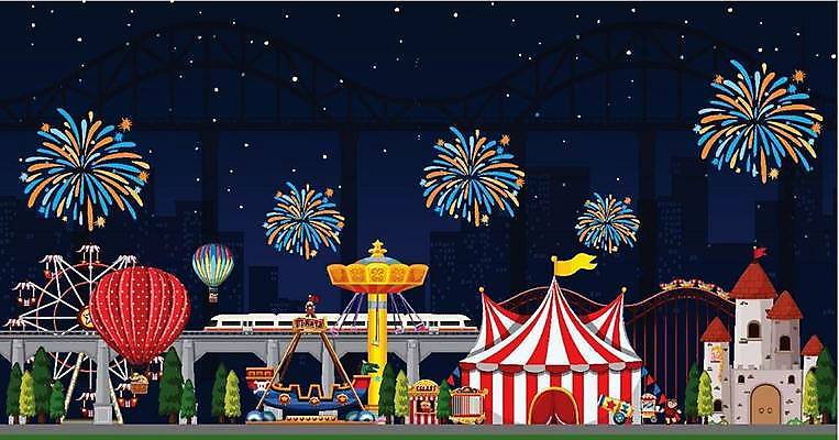 EPS 해외이미지 나무 별 일러스트 밤하늘 불꽃놀이 사람없음 놀이공원 기차 열기구 성 놀이기구 야간 서커스 대관람차 회전목마 롤러코스터 매표소 바이킹 회전그네 해외일러스트 자연요소 식물 건축물 육상교통 항공교통 놀이 하늘 대중교통 테마파크 파일형식 벡터 이미지허브