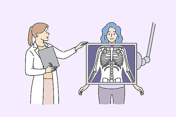 EPS 해외이미지 여자 일러스트 엑스레이 들기 상반신 성인 두명 펜 의사 서류판 성인여자만 해외일러스트 의학 모션 사람 필기구 사무용품 의료진 여자만 성인만 파일형식 벡터 이미지허브