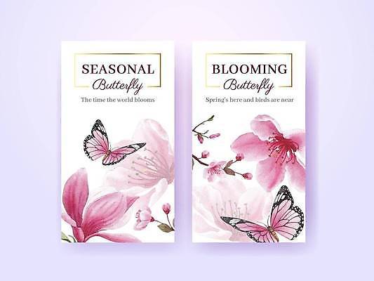 EPS 해외이미지 템플릿 꽃 나비 일러스트 사람없음 세트 벚꽃 나뭇가지 소셜네트워크 해외일러스트 나무 식물 곤충 파일형식 벡터 이미지허브