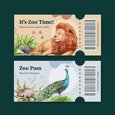 EPS 해외이미지 영어 하늘색 일러스트 동물원 타이포그라피 사람없음 노란색 티켓 거북이 공작 사자 상품권 바코드 멧돼지 해외일러스트 문자 컬러 포유류 파충류 조류 파란색 파일형식 벡터 이미지허브