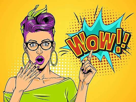 EPS 해외이미지 여자 일러스트 미술 한명 상반신 성인 놀람 가리킴 팝아트 코믹 카툰스타일 팝 성인여자한명만 안경낌 와우 해외일러스트 1 감정 안경 문화예술 표정 사람 손짓 그림 여자한명만 성인여자만 파일형식 벡터 이미지허브