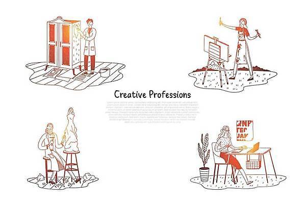 EPS 해외이미지 직업 디자인 행복 조각 컨셉 유니폼 일러스트 비즈니스 아이디어 직장 창조 미술 사람 취미 노트북 컴퓨터 세트 사무실 스크린 자유 붓 업무 팔레트 스케치 오브젝트 사인 그림 예술가 화가 손그림 고립 조각가 프리랜서 레터링 스타일 힙스터 해외일러스트 옷 패션 감정 회사 문화예술 전자제품 작업 파일형식 벡터 이미지허브