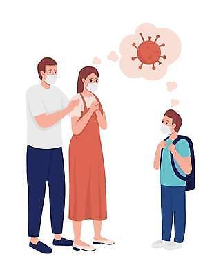 EPS 해외이미지 전신 여자 남자 아들 어린이 말풍선 일러스트 엄마 책가방 마스크 서기 소년 성인 세명 아빠 걱정 코로나바이러스 생활방역 감염예방 델타변이바이러스 오미크론 해외일러스트 감정 가방 가족 모션 사람 바이러스 사회이슈 예방 감염 방역 파일형식 벡터 이미지허브