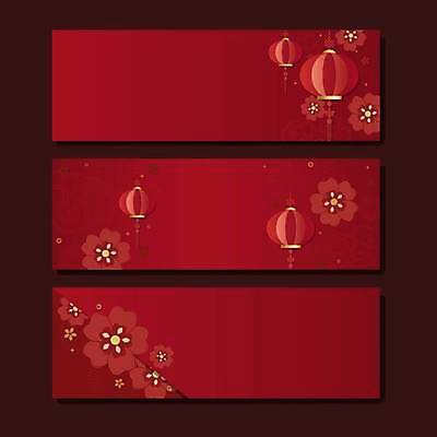 EPS 해외이미지 전통 디자인 배너 꽃 일러스트 사람없음 그래픽 가로 빨간색 세트 중국 홍등 해외일러스트 식물 아시아 컬러 등불 파일형식 벡터 이미지허브