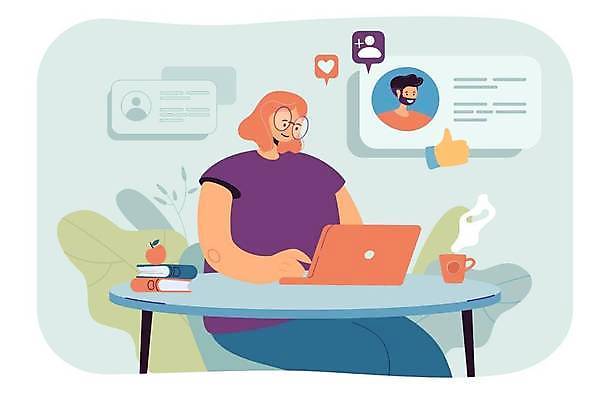 EPS 해외이미지 여자 남자 커피 말풍선 잎 데이트 일러스트 관계 사람모양 앉기 상반신 성인 두명 책 노트북 하트 최고 사과 커피잔 책상 손모양 이모티콘 소셜네트워크 성인만 안경낌 해외일러스트 모양 식물 안경 음료 가구 과일 모션 잔 사람 전자제품 파일형식 벡터 손_신체부위 이미지허브