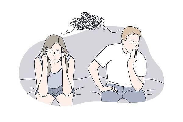 EPS 해외이미지 커플 여자 남자 일러스트 스트레스 앉기 상반신 성인 두명 눈감음 회색 고민 두통 성인만 해외일러스트 감정 컬러 관계 모션 사람 질병 파일형식 벡터 이미지허브