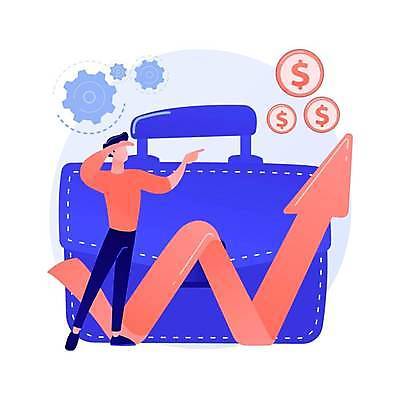 EPS 해외이미지 전신 남자 가방 일러스트 비즈니스 한명 성인 동전 톱니바퀴 상승 성인남자한명만 해외일러스트 1 잡화 컨셉 돈 사람 남자한명만 성인남자만 파일형식 벡터 이미지허브