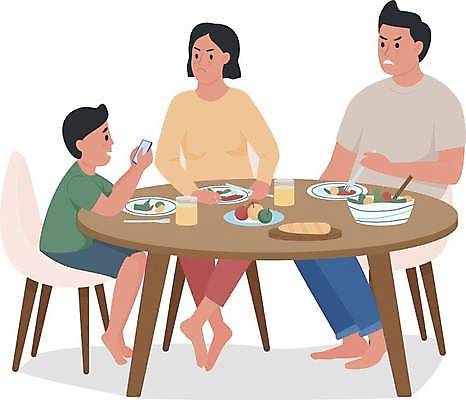 EPS 해외이미지 전신 응시 여자 남자 어린이 음식 의자 일러스트 식탁 엄마 들기 앉기 성인 세명 스마트폰 식사 샐러드 아빠 꾸지람 딴짓 식사예절 해외일러스트 시선 가구 가족 모션 탁자 사람 핸드폰 스마트기기 예절 체벌 파일형식 벡터 이미지허브