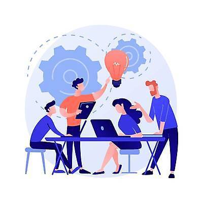 EPS 해외이미지 전신 여자 남자 의자 일러스트 전구 회의 아이디어 들기 앉기 여러명 성인 노트북 태블릿 책상 톱니바퀴 성인만 해외일러스트 가구 다수 컨셉 비즈니스 모션 사람 전자제품 스마트기기 파일형식 벡터 이미지허브