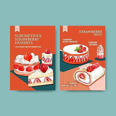 EPS 해외이미지 일러스트 사람없음 카페 조각케이크 메뉴 메뉴판 롤케이크 다홍색 딸기우유 딸기케이크 해외일러스트 컬러 딸기 케이크 상점 우유 파일형식 벡터 이미지허브