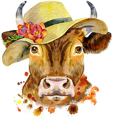 JPG 해외이미지 디자인 꽃 백그라운드 일러스트 미술 사람없음 소 밀짚모자 해외일러스트 식물 모자_잡화 포유류 문화예술 파일형식 이미지허브