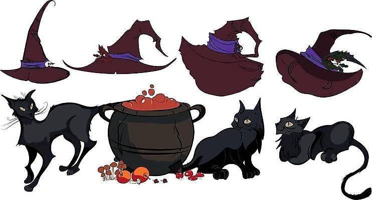 EPS 해외이미지 일러스트 사람없음 고양이 할로윈 솥 마녀모자 해외일러스트 모자_잡화 포유류 주방용품 반려동물 파일형식 벡터 이미지허브