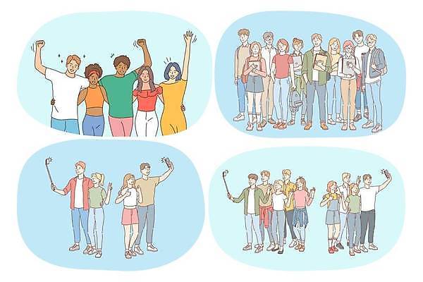 EPS 해외이미지 전신 학생 여자 남자 허리손 하늘색 일러스트 어깨동무 책가방 함께함 서기 들기 여러명 상반신 성인 책 친구 손들기 파이팅 주먹 우정 셀프카메라 손인사 다인종 셀카봉 성인만 해외일러스트 포즈 다수 컨셉 가방 관계 모션 사람 인종 파란색 사진촬영 인사 파일형식 벡터 이미지허브