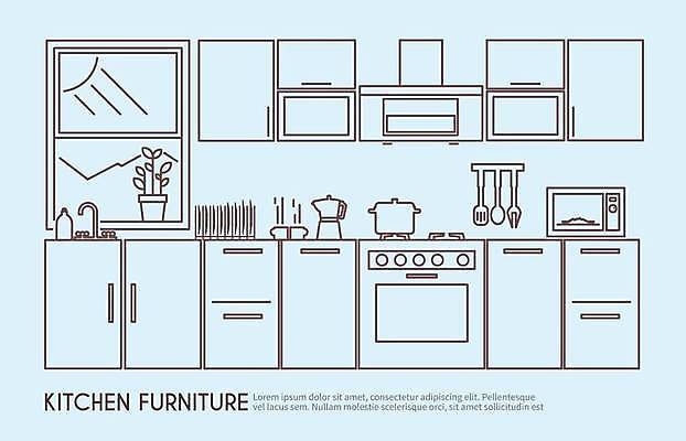 EPS 해외이미지 하늘색 일러스트 창문 주방용품 사람없음 주방 전자레인지 오븐 냄비 커피포트 버너 라인아트 싱크대 서랍장 환풍기 해외일러스트 선 가구 생활용품 주전자 파란색 장비 가전제품 레인지 솥 개수대 파일형식 벡터 이미지허브