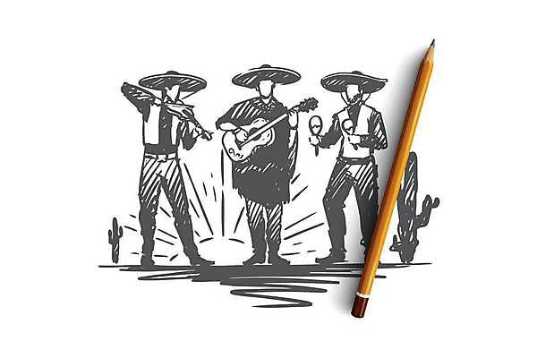 EPS 해외이미지 남자 컨셉 연주 일러스트 멕시코 선인장 들기 성인 세명 연필 기타 스케치 바이올린 손그림 마라카스 멕시코모자 멕시코전통의상 얼굴없음 성인남자만 해외일러스트 식물 모자_잡화 음악 북아메리카 모션 현악기 학용품 타악기 미술 사람 필기구 전통의상 남자만 성인만 파일형식 벡터 이미지허브