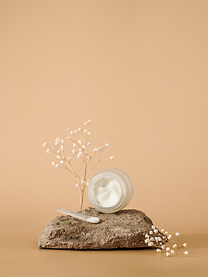 포토 JPG 해외이미지 실내 사람없음 화장품 돌_바위 크림 피부관리 스킨케어 꽃가지 목업 브랜딩 갈색배경 해외포토 꽃 백그라운드 내부 뷰티 갈색 나뭇가지 파일형식 이미지허브