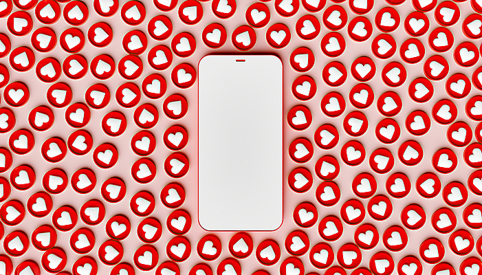 포토 JPG 해외이미지 사람없음 빨간색 스마트폰 3D 스크린 하트 소셜 소셜네트워크 카피스페이스 해외포토 모양 컬러 핸드폰 스마트기기 공백 디지털합성 파일형식 이미지허브