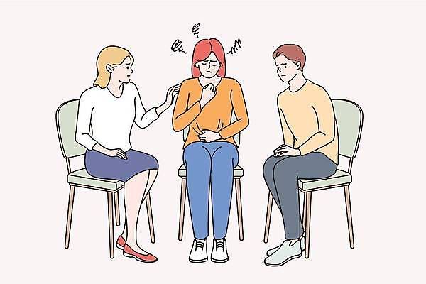 EPS 해외이미지 전신 여자 남자 분홍색 의자 일러스트 스트레스 함께함 앉기 성인 세명 도움 걱정 상담 위로 답답함 성인만 불편함 심리상담 정신상담 해외일러스트 감정 컬러 가구 컨셉 모션 사람 치료 감각 파일형식 벡터 이미지허브