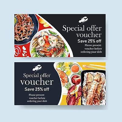 EPS 해외이미지 접시 영어 일러스트 타이포그라피 사람없음 빨간색 노란색 세일 검은색 해물요리 티켓 바닷가재 해산물 상품권 해외일러스트 문자 식기 음식 컬러 가재 파일형식 벡터 이미지허브