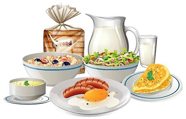 EPS 해외이미지 그릇 접시 일러스트 유리병 잔 사람없음 샐러드 우유 소시지 수프 계란프라이 시리얼 식빵 블루베리 오믈렛 해외일러스트 식기 음식 빵 과일 병_용기 유제품 가공식품 계란요리 파일형식 벡터 이미지허브