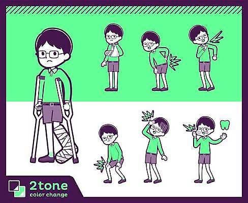 EPS 해외이미지 전신 남자 안경 어린이 일러스트 건강 소년 여러명 초록색 세트 고통 질병 두통 허리디스크 목발 깁스 무릎통증 사랑니 어깨통증 소년만 해외일러스트 잡화 감정 컬러 다수 의학 의료기기 사람 디스크_질병 의료용품 남자만 어린이만 파일형식 벡터 이미지허브