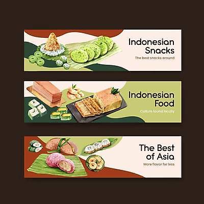 EPS 해외이미지 템플릿 접시 배너 가로배너 일러스트 디저트 사람없음 연두색 달콤 인도네시아 베이지색 배너세트 해외일러스트 식기 아시아 음식 컬러 가로 초록색 세트 맛 파일형식 벡터 이미지허브
