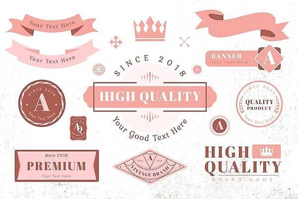 EPS 해외이미지 디자인 리본 분홍색 스티커 일러스트 왕관 프레임 타이포그라피 사람없음 세트 사각형 원형 마름모 해외일러스트 도형 문자 컬러 파일형식 벡터 이미지허브