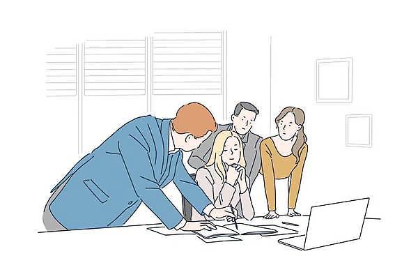 EPS 해외이미지 여자 남자 일러스트 비즈니스 회의 들기 정장 여러명 상반신 성인 노트북 펜 턱괴기 비즈니스맨 비즈니스우먼 동료 고민 문서 성인만 해외일러스트 옷 감정 다수 관계 모션 사람 전자제품 필기구 직장인 파일형식 벡터 이미지허브