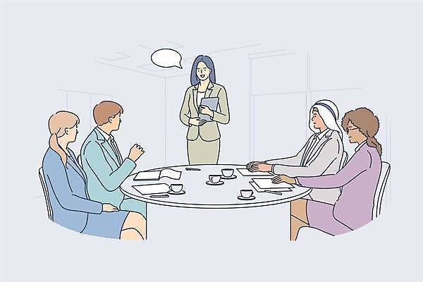 EPS 해외이미지 여자 남자 말풍선 일러스트 비즈니스 회의 들기 앉기 여러명 상반신 성인 태블릿 글로벌 글로벌비즈니스 회색 비즈니스맨 비즈니스우먼 성인만 해외일러스트 컬러 다수 모션 사람 전자제품 스마트기기 직장인 파일형식 벡터 이미지허브