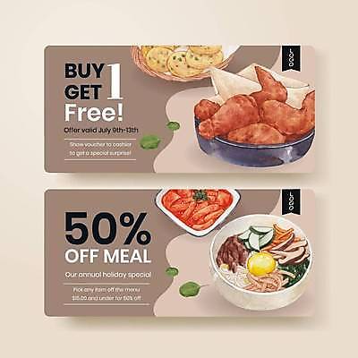 EPS 해외이미지 템플릿 그릇 한식 일러스트 사람없음 갈색 세일 치킨 전 떡볶이 상품권 비빔밥 50% 해외일러스트 식기 음식 컬러 퍼센트 분식 닭고기요리 파일형식 벡터 이미지허브