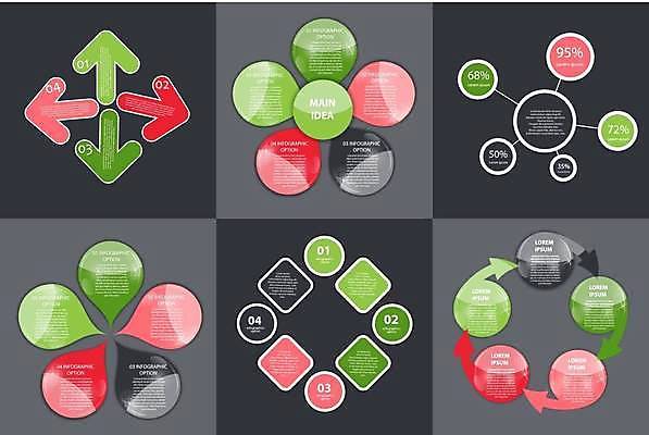 EPS 해외이미지 화살표 꽃무늬 일러스트 비즈니스 사람없음 그래픽 빨간색 연두색 세트 사각형 자료 인포그래픽 정보 원형 연결 해외일러스트 도형 꽃 컬러 무늬 초록색 파일형식 벡터 이미지허브