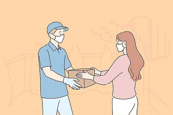 EPS 해외이미지 여자 남자 장갑 일러스트 함께함 마스크 들기 상반신 성인 두명 택배기사 배달원 배송 택배 주기 성인만 코로나바이러스 델타변이바이러스 오미크론 해외일러스트 직업 잡화 컨셉 모션 사람 운송업 바이러스 파일형식 벡터 이미지허브