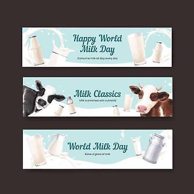 EPS 해외이미지 템플릿 배너 기념일 가로배너 하늘색 두마리 일러스트 사람없음 우유 우유병 젖소 흰우유 우유잔 배너세트 해외일러스트 2 병_용기 잔 유제품 이벤트 가로 파란색 세트 소 파일형식 벡터 이미지허브