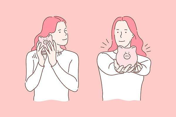 EPS 해외이미지 여자 분홍색 돈 일러스트 들기 성인 두명 금융 동전 듣기 저축 돼지저금통 비즈니스우먼 손내밀기 흔들림 투자 보여주기 성인여자만 해외일러스트 컬러 비즈니스 모션 사람 손짓 경제 저금통 직장인 재산 여자만 성인만 파일형식 벡터 이미지허브