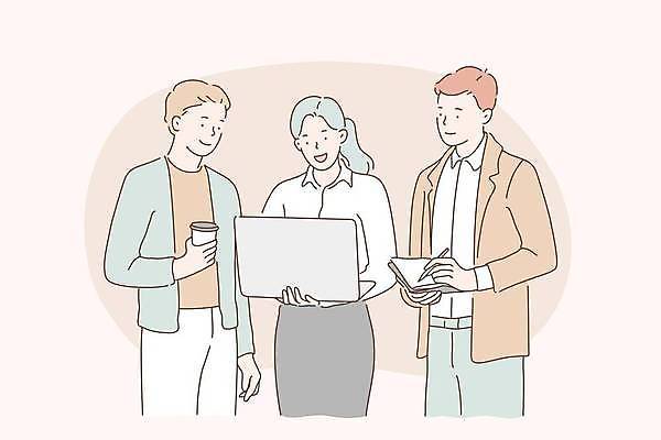 EPS 해외이미지 여자 남자 커피 일러스트 비즈니스 회의 들기 상반신 성인 세명 노트북 펜 다이어리 비즈니스맨 비즈니스우먼 베이지색 성인만 해외일러스트 음료 컬러 모션 사람 전자제품 필기구 사무용품 직장인 파일형식 벡터 이미지허브