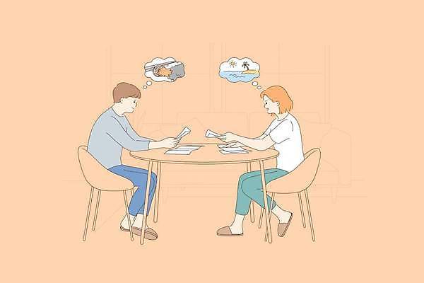 EPS 해외이미지 부부 커플 여자 남자 종이 여행 생각 일러스트 남편 대화 들기 성인 두명 주황색 아내 계획 걱정 성인만 해외일러스트 감정 컬러 컨셉 관계 모션 말하기 사람 파일형식 벡터 이미지허브