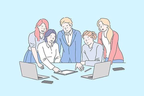 EPS 해외이미지 전신 여자 남자 하늘색 일러스트 비즈니스 협력 정장 여러명 상반신 성인 노트북 스마트폰 태블릿 가리킴 비즈니스맨 비즈니스우먼 동료 성인만 태블릿펜 해외일러스트 옷 다수 관계 사람 손짓 파란색 전자제품 핸드폰 스마트기기 펜 직장인 파일형식 벡터 이미지허브