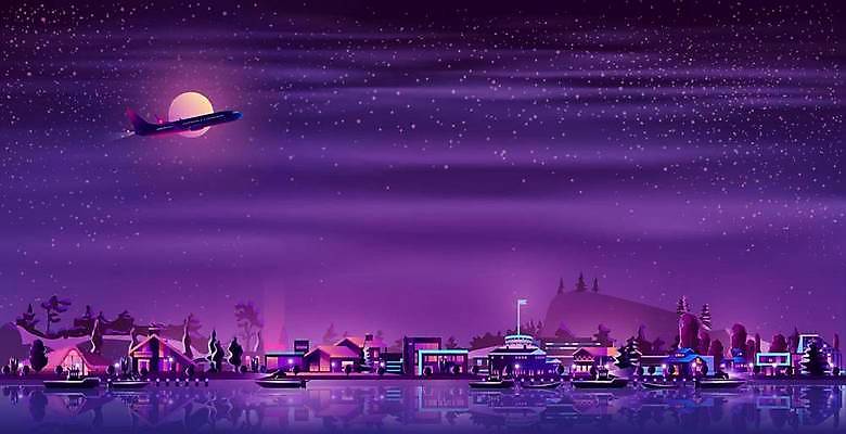 EPS 해외이미지 구름 야경 일러스트 비행기 사람없음 빛 강 도시풍경 달 도시 선박 해외일러스트 자연요소 수상교통 항공교통 대중교통 풍경 야간 파일형식 벡터 풍경_경치 이미지허브