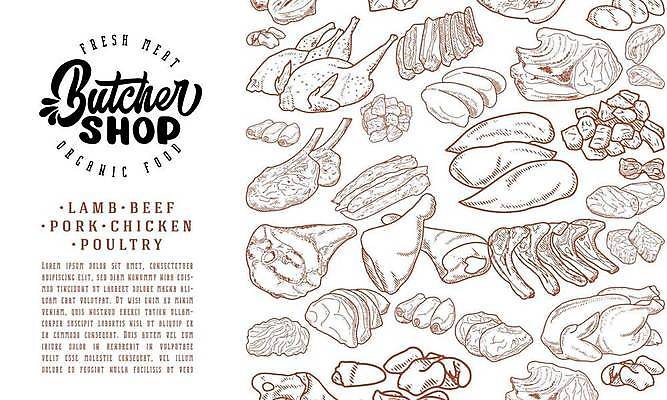 EPS 해외이미지 라인일러스트 일러스트 육류 돼지고기 스테이크 사람없음 닭고기 소고기 햄 양고기 정육점 해외일러스트 식재료 서양음식 상점 파일형식 벡터 이미지허브