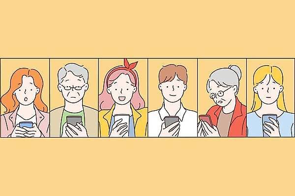 EPS 해외이미지 응시 여자 할아버지 노년 남자 할머니 일러스트 모바일 함께함 들기 여러명 상반신 성인 스마트폰 노란색 온라인 소셜네트워크 해외일러스트 시선 컬러 다수 컨셉 모션 사람 핸드폰 스마트기기 파일형식 벡터 이미지허브