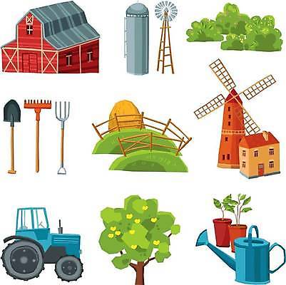 EPS 해외이미지 나무 식물 화분 포크 잎 일러스트 주택 사람없음 울타리 농장 물뿌리개 풍차 농기구 삽 트랙터 외양간 사일로 해외일러스트 식기 농업 건물 담장 농기계 특수차량 파일형식 벡터 이미지허브