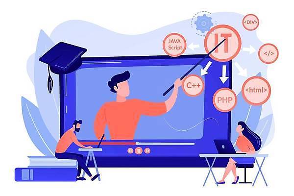 EPS 해외이미지 전신 여자 남자 일러스트 학사모 들기 앉기 상반신 성인 세명 파란색 모니터 가리킴 강의 지시봉 성인만 코랄 언택트 해외일러스트 모자_잡화 컬러 졸업 모션 사람 손짓 컴퓨터 파일형식 벡터 이미지허브