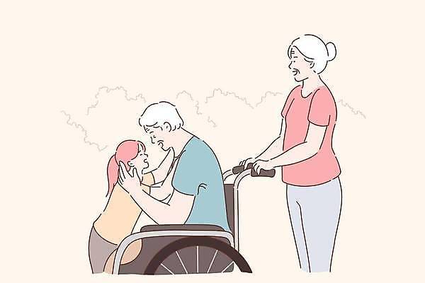 EPS 해외이미지 여자 할아버지 노년 남자 행복 할머니 어린이 일러스트 가족 포옹 손녀 서기 앉기 상반신 세명 산책 장애인 휠체어 조부모 해외일러스트 감정 관계 안기 모션 휴식 사람 성인 손주 장애 파일형식 벡터 이미지허브