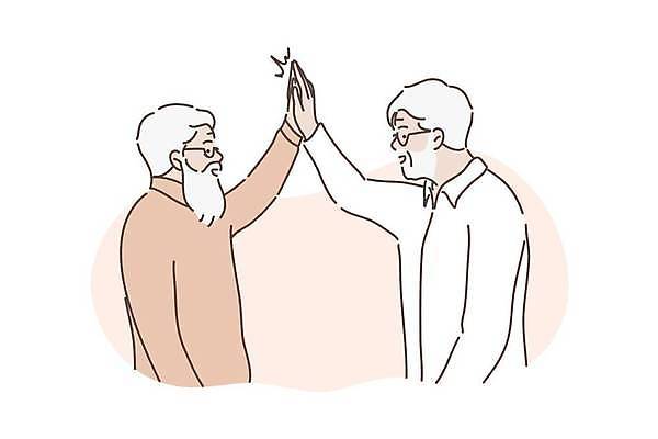 EPS 해외이미지 할아버지 노년 남자 분홍색 일러스트 함께함 미소 상반신 두명 친구 우정 하이파이브 노인남자만 해외일러스트 컬러 컨셉 관계 표정 사람 손짓 성인 남자만 노인만 파일형식 벡터 이미지허브