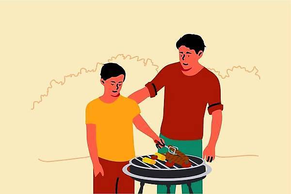 EPS 해외이미지 남자 아들 어린이 일러스트 가족 함께함 소년 상반신 성인 두명 노란색 아빠 굽기 바베큐그릴 남자만 해외일러스트 컬러 컨셉 관계 사람 그릴 바비큐 구이 파일형식 벡터 이미지허브