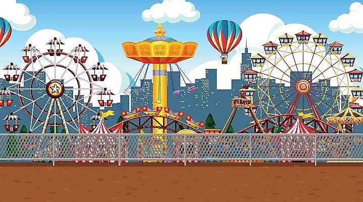 EPS 해외이미지 일러스트 사람없음 건물 울타리 놀이공원 열기구 도시 놀이기구 서커스 대관람차 롤러코스터 회전그네 해외일러스트 건축물 항공교통 담장 테마파크 파일형식 벡터 이미지허브