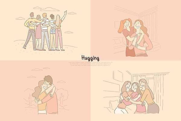 EPS 해외이미지 전신 커플 여자 남자 일러스트 안기 포옹 어깨동무 함께함 서기 여러명 상반신 성인 친구 우정 성인만 코랄 해외일러스트 컬러 포즈 다수 컨셉 관계 모션 사람 파일형식 벡터 이미지허브